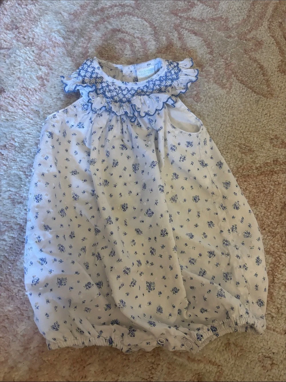 Edgehill collection White & Blue Floral Smocked Baby Romper